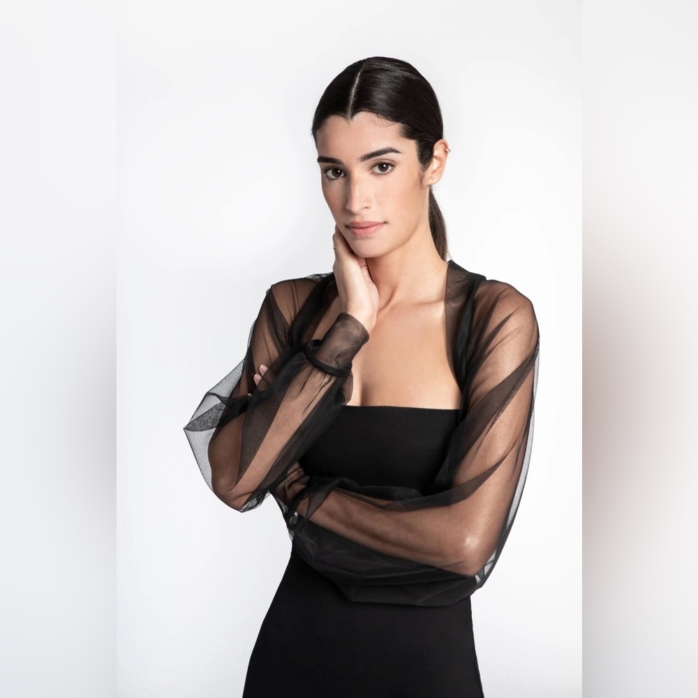 Marcella Olympia Mesh Bolero in Black | Size XL | Formal Long Sleeve Shrug
